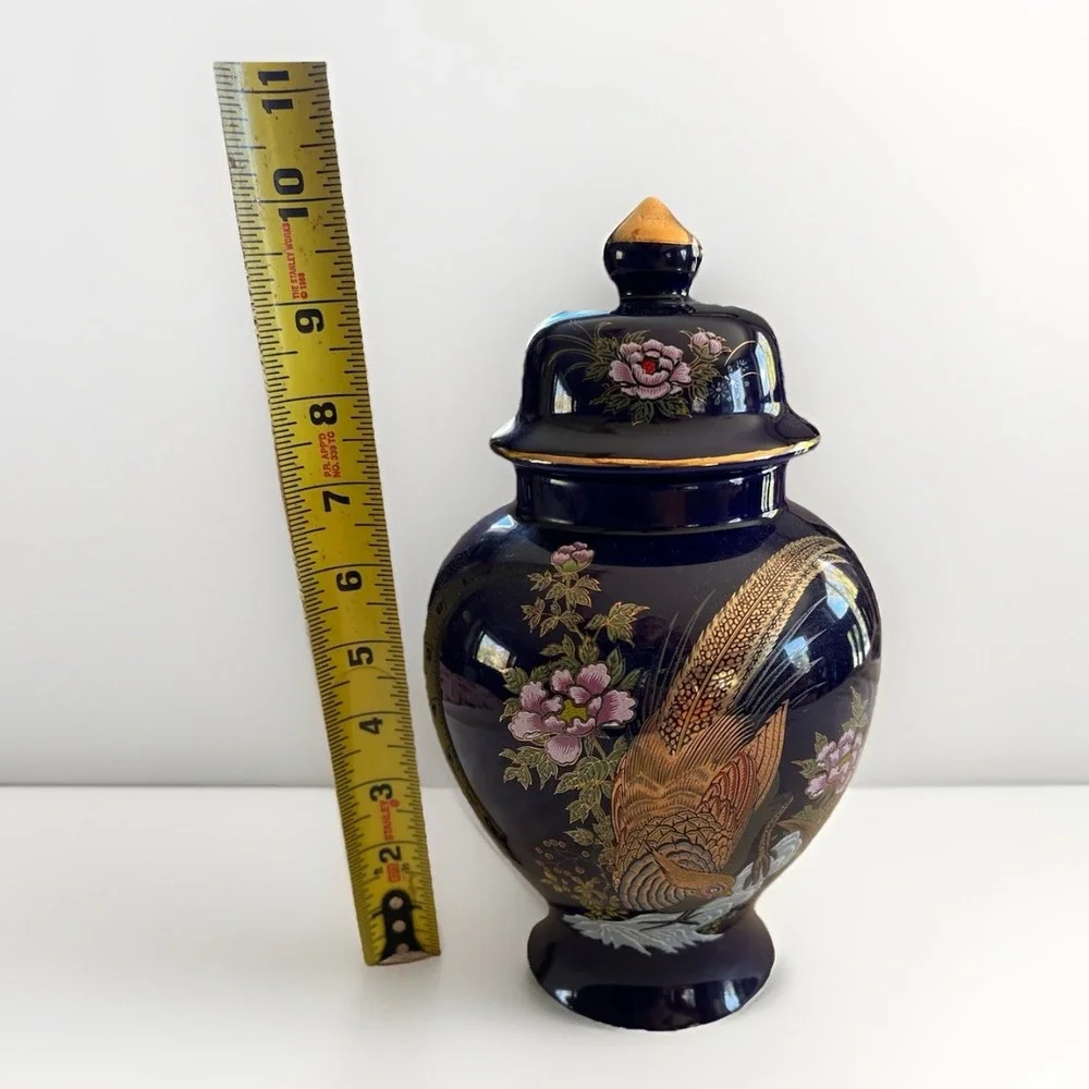 Vintage‎ Cobalt Blue Urn Bird and Floral Pattern Gold Japan